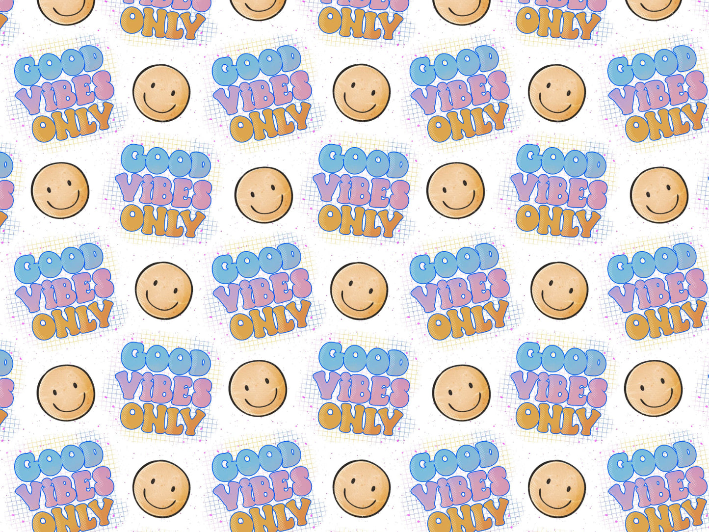 leichter Jersey Stoff für Sommer mit buntem 'Good Vibes Only' Muster und lächelnden Smiley.
