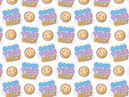 leichter Jersey Stoff für Sommer mit buntem 'Good Vibes Only' Muster und lächelnden Smiley.