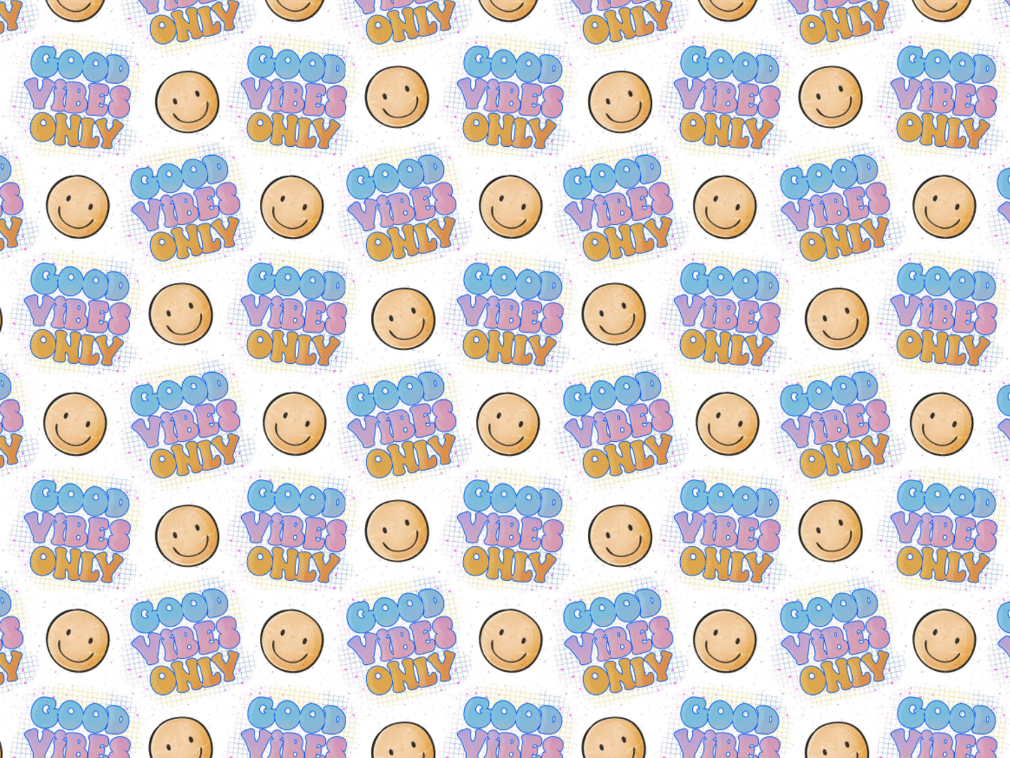 Musterstoff mit dem Schriftzug 'Good Vibes Only' und lächelnden Smileys, ideal für leichter Jersey Stoff für Sommer