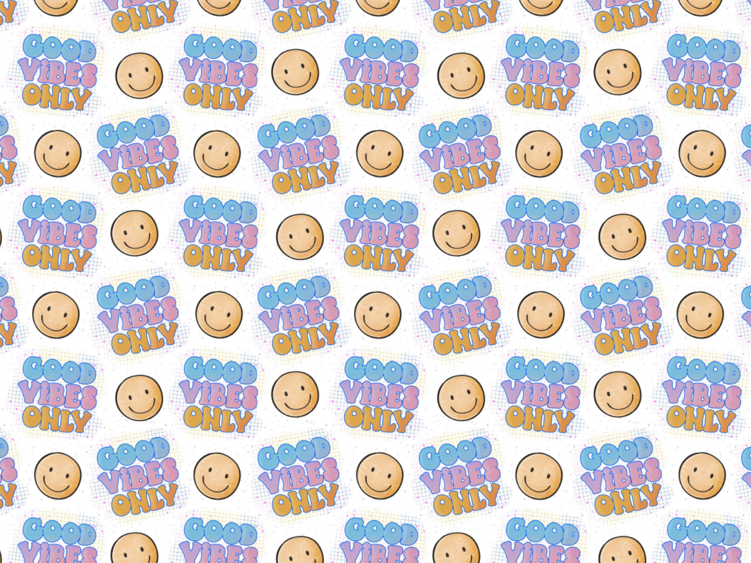 Musterstoff mit dem Schriftzug 'Good Vibes Only' und lächelnden Smileys, ideal für leichter Jersey Stoff für Sommer
