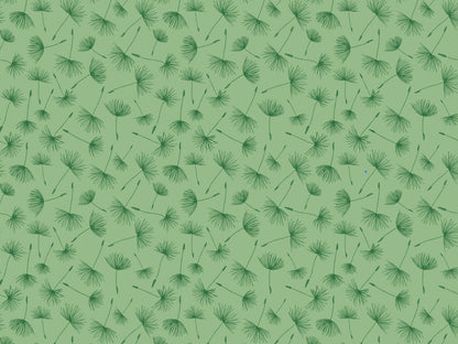 green jersey fabric with dandelion print on a light green background