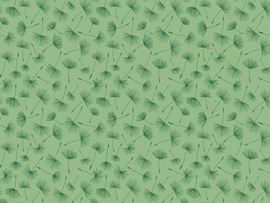 green jersey fabric with dandelion print on a light green background