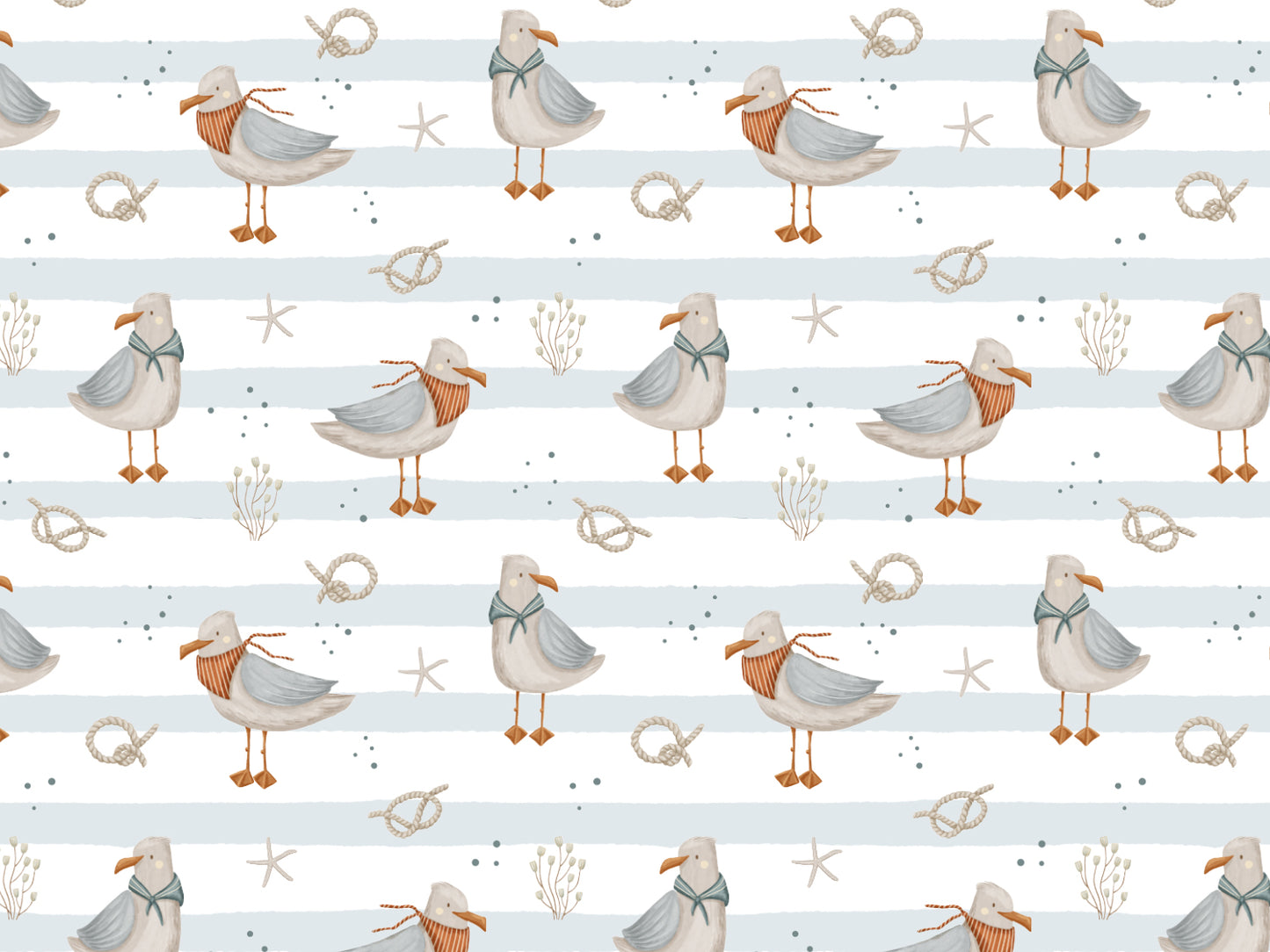 leichter Jersey Stoff für Sommer mit Möwenmotiv und maritimen Details auf gestreiftem Hintergrund