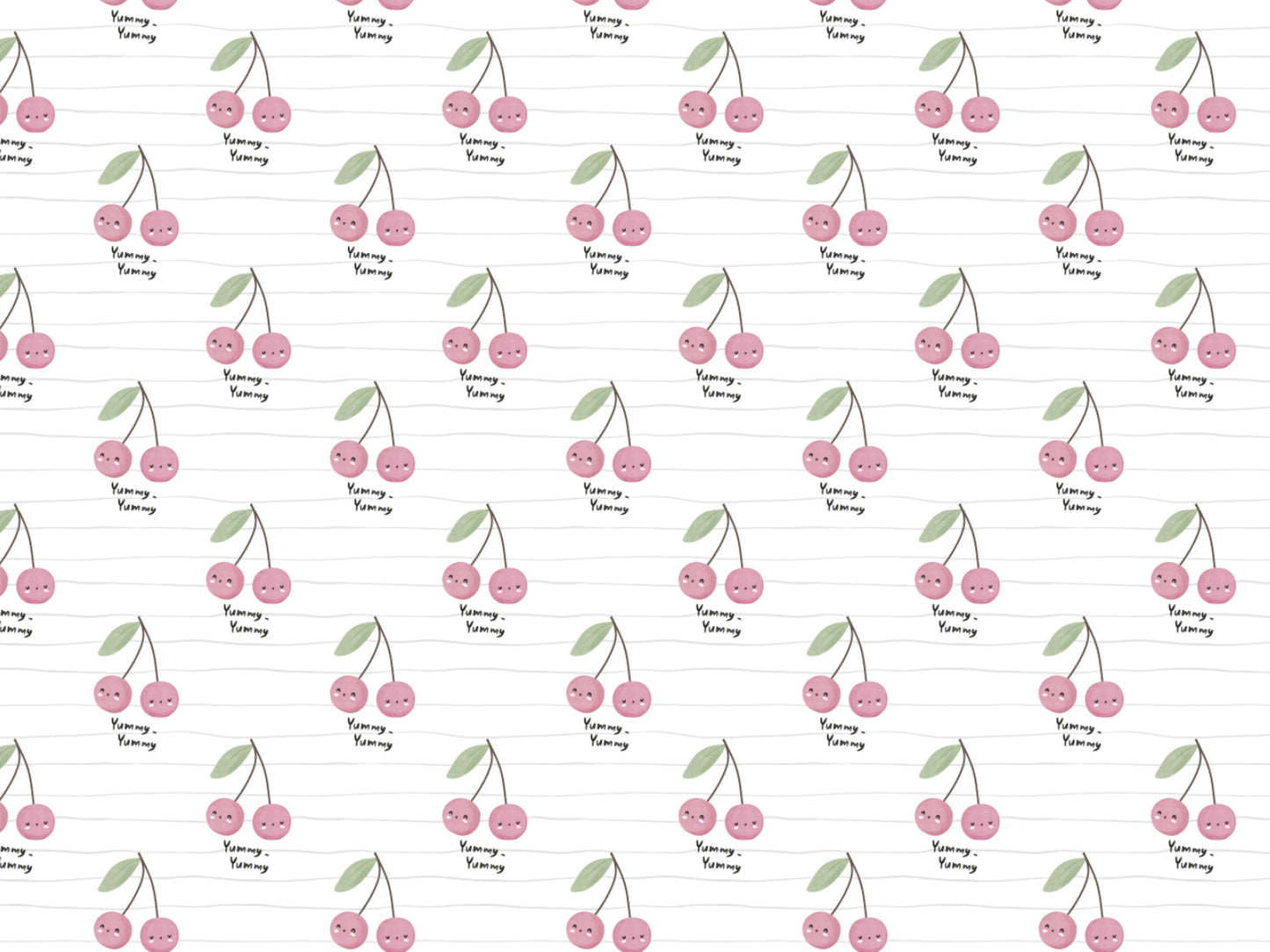 lightweight cherry print jersey fabric featuring cute cherry designs with green leaves on a white background.