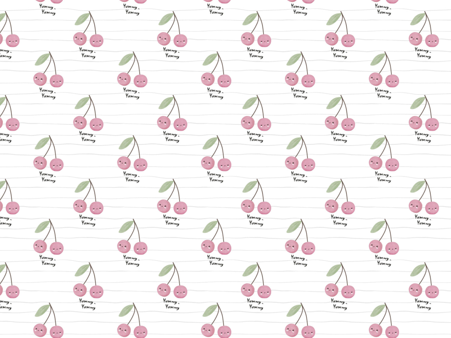 lightweight cherry print jersey fabric featuring cute cherry designs with green leaves on a white background.