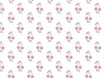 lightweight cherry print jersey fabric featuring cute cherry designs with green leaves on a white background.