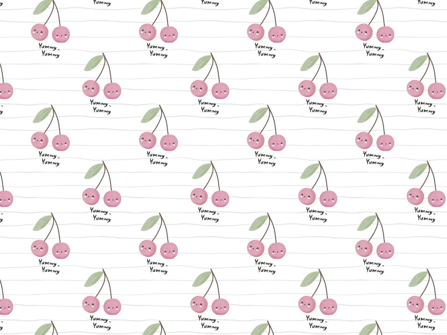 Lightweight cherry print jersey fabric featuring adorable cherries and playful text design on a soft background.