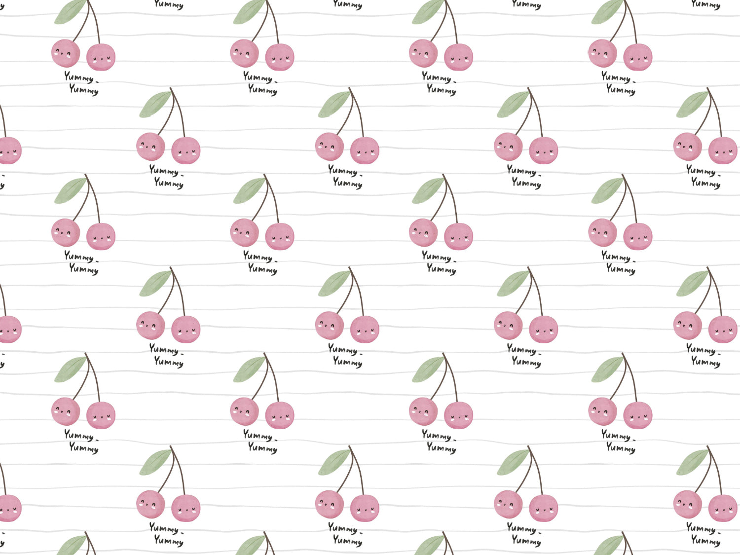 Lightweight cherry print jersey fabric featuring adorable cherries and playful text design on a soft background.