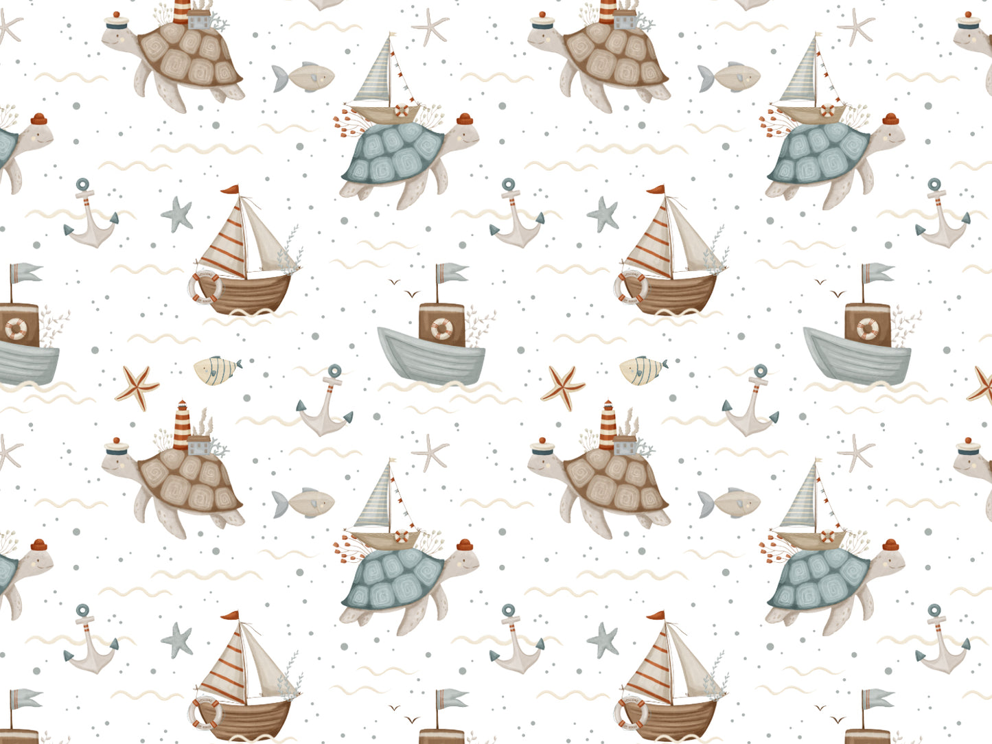 Jersey Stoff Schildkröte Sommer mit bunten Schildkröten und Booten im maritimen Design auf weißem Hintergrund.