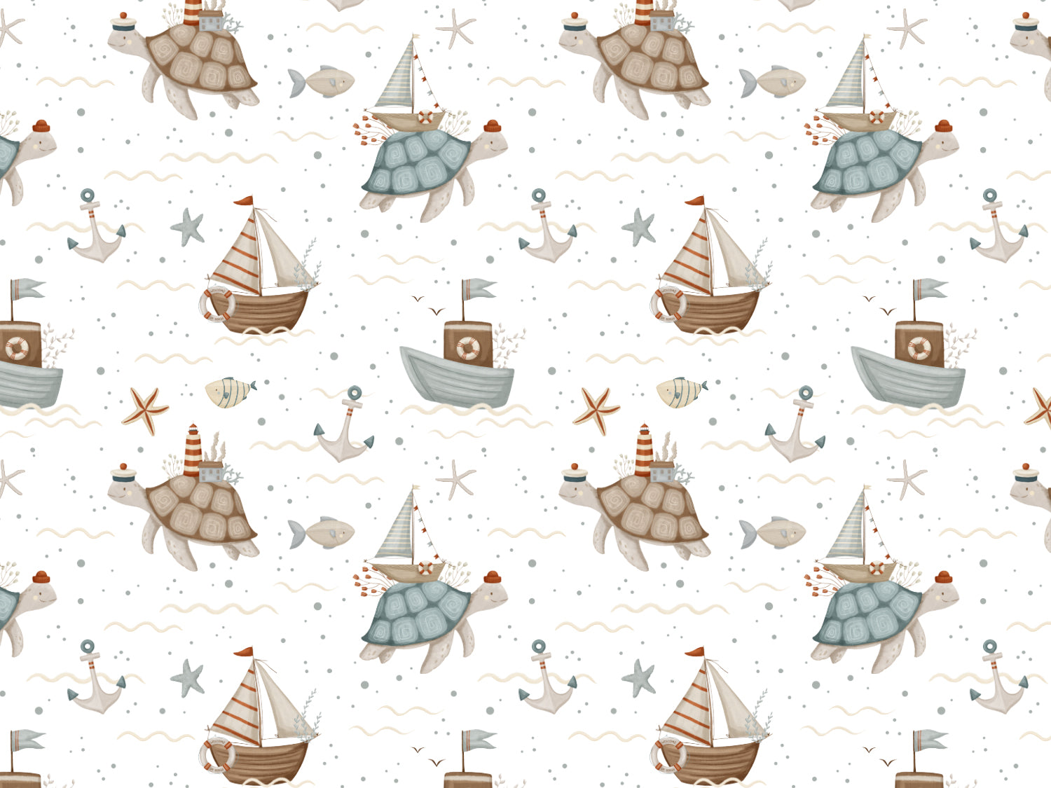 Jersey Stoff Schildkröte Sommer mit bunten Schildkröten und Booten im maritimen Design auf weißem Hintergrund.