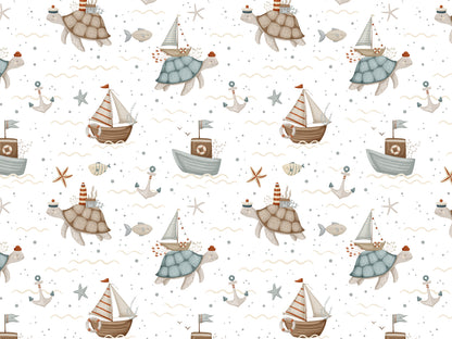 Jersey Stoff Schildkröte Sommer mit bunten Schildkröten und Booten im maritimen Design auf weißem Hintergrund.