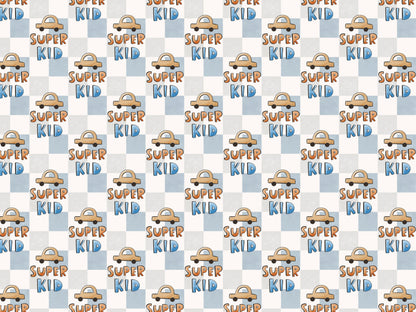 leichter Jersey Stoff für Sommer mit Super Kid Design auf kariertem Hintergrund