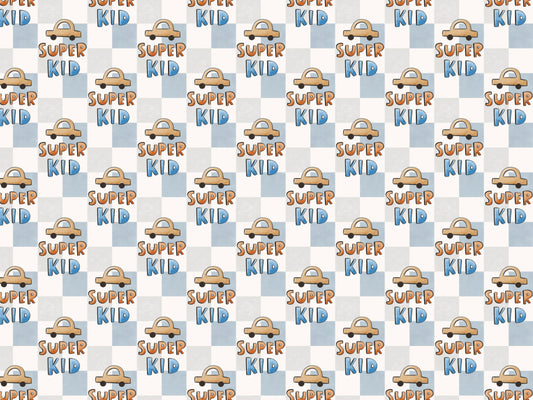 leichter Jersey Stoff für Sommer mit Super Kid Design auf kariertem Hintergrund