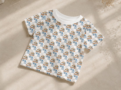 leichter Jersey Stoff für Sommer T-Shirt mit Super Kid Motiv auf neutralem Hintergrund.