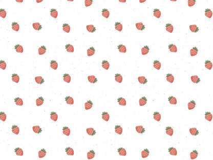 Jersey Stoff Mini Erdbeere mit kleinen Erdbeermotiven auf weißem Hintergrund, ideal für sommerliche Nähprojekte.