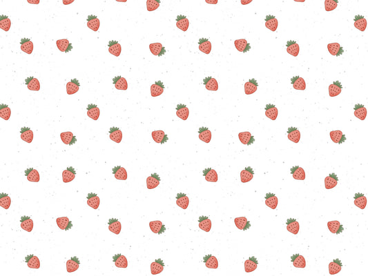 Jersey Stoff Mini Erdbeere mit kleinen Erdbeermotiven auf weißem Hintergrund, ideal für sommerliche Nähprojekte.