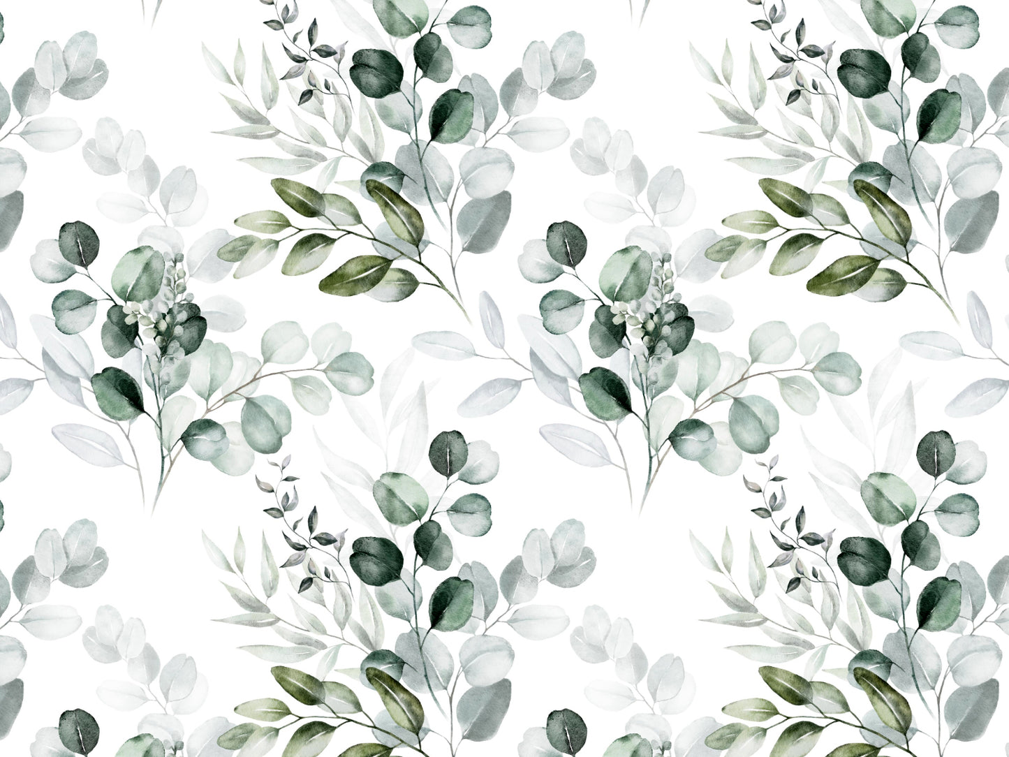 eucalyptus leaves jersey fabric in a beautiful watercolor pattern featuring green and grey eucalyptus leaves on a white background.