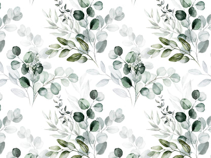 eucalyptus leaves jersey fabric in a beautiful watercolor pattern featuring green and grey eucalyptus leaves on a white background.