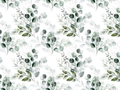 eucalyptus leaves jersey fabric with a beautiful watercolor pattern featuring green leaves on a white background