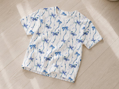 Jersey Stoff - Schleifen, blau, ideal für nähprojekte, leicht, 95% Baumwolle, blau jersey stoff für nähprojekte.