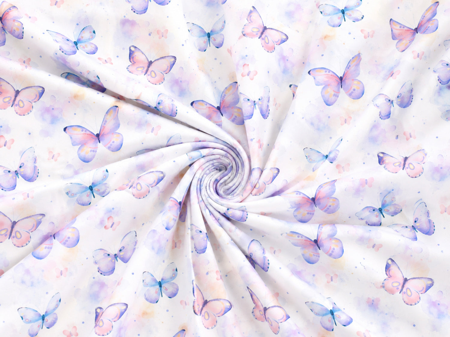 Aquarell Schmetterlinge Jersey Stoff - Bunte Schmetterlinge auf hellem Hintergrund, leicht und ideal für Sommerprojekte.