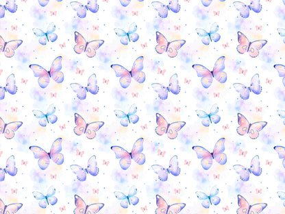 Jersey Stoff - Aquarell Schmetterlinge mit bunten Schmetterlingen auf hellem Hintergrund, ideal für Sommerbekleidung.