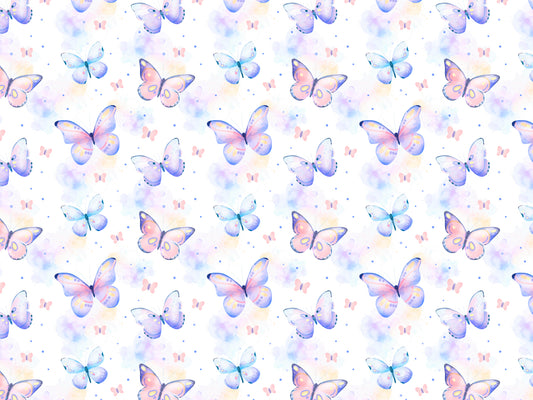 Jersey Stoff - Aquarell Schmetterlinge mit bunten Schmetterlingen auf hellem Hintergrund, ideal für Sommerbekleidung.
