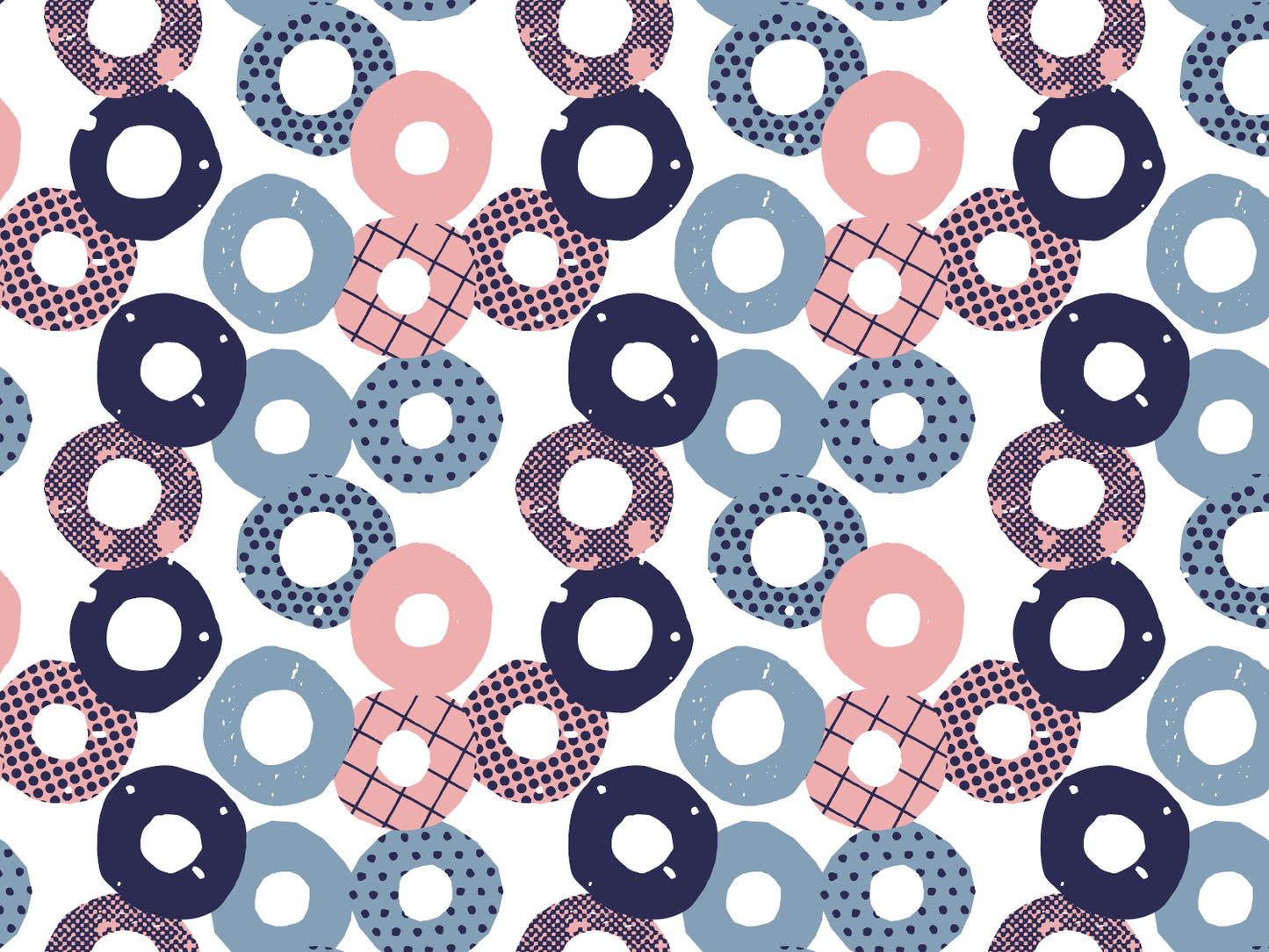 Jersey Stoff - Kreise buntes florales Muster mit verschiedenen Kreisen in Blau, Pink und Weiß.
