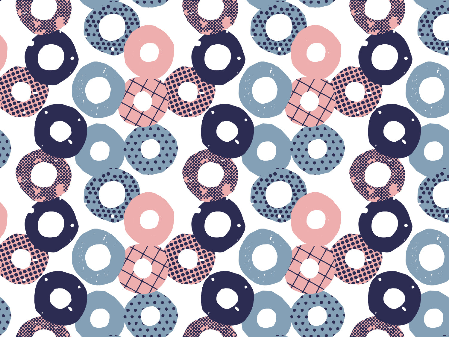 Jersey Stoff - Kreise buntes florales Muster mit verschiedenen Kreisen in Blau, Pink und Weiß.