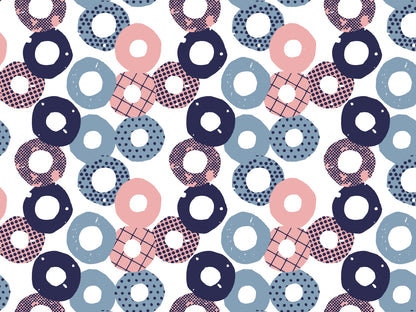Jersey Stoff - Kreise buntes florales Muster mit verschiedenen Kreisen in Blau, Pink und Weiß.