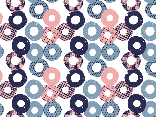 Jersey Stoff - Kreise buntes florales Muster mit verschiedenen Kreisen in Blau, Pink und Weiß.