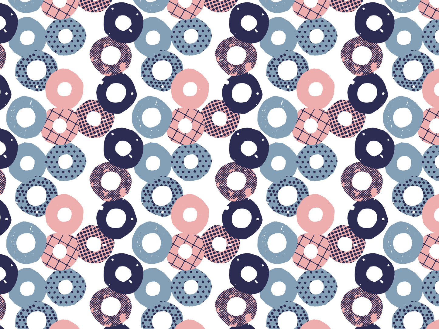 Jersey Stoff - Kreise, leichter Jersey mit bunten Kreisen in blau, rosa und weiß, ideal für Sommermode.