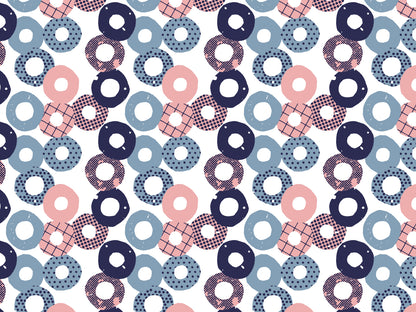 Jersey Stoff - Kreise, leichter Jersey mit bunten Kreisen in blau, rosa und weiß, ideal für Sommermode.