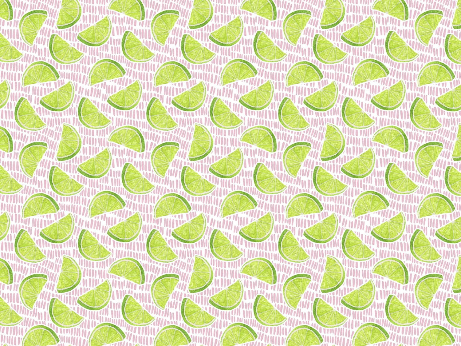 Muster von Limetten auf pinkem Hintergrund, ideal für Jersey Stoff Limone kaufen.