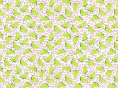 Muster von Limetten auf pinkem Hintergrund, ideal für Jersey Stoff Limone kaufen.