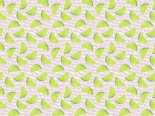Muster von Limetten auf pinkem Hintergrund, ideal für Jersey Stoff Limone kaufen.