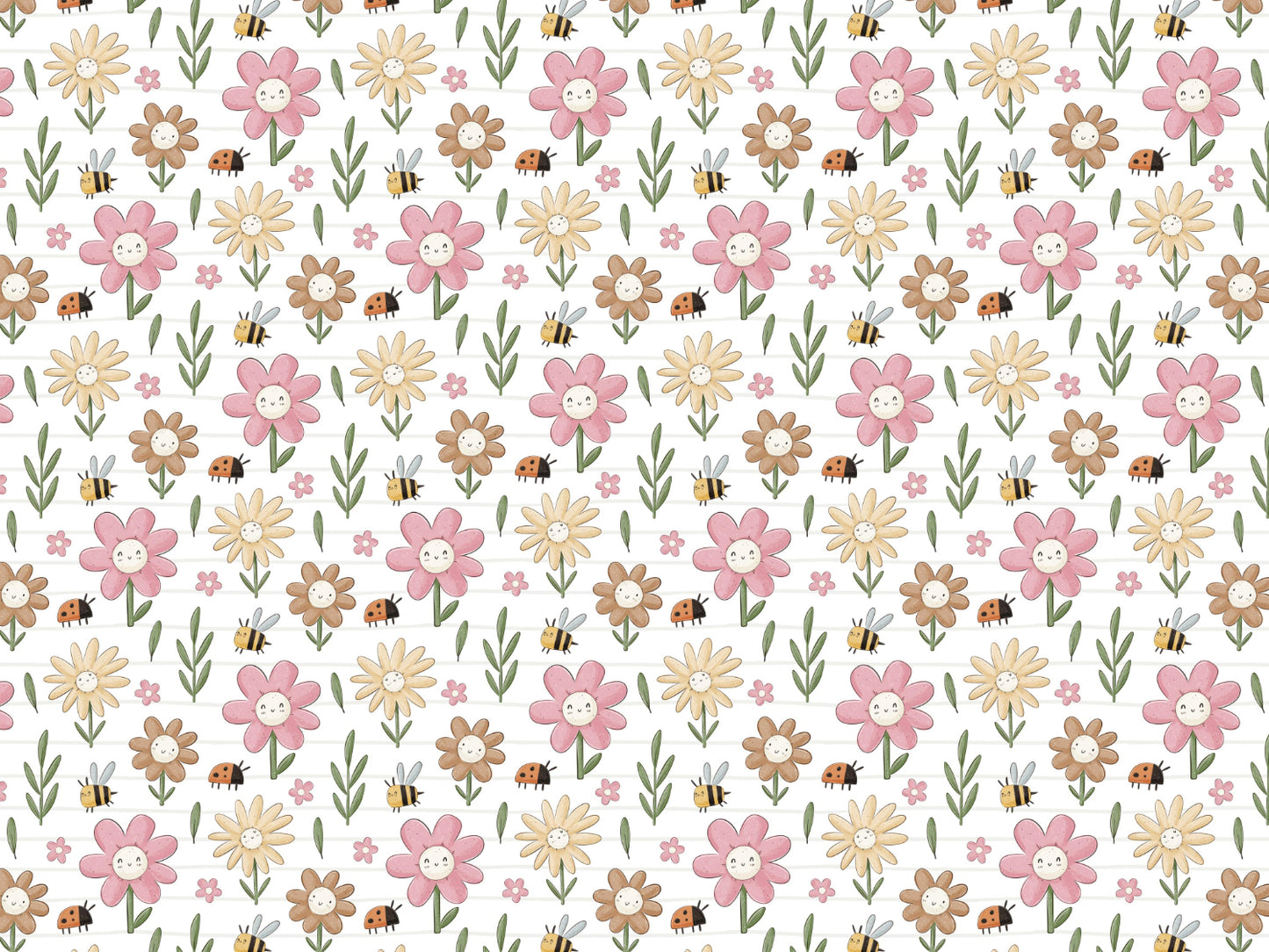 Leichter Sommer Jersey Stoff mit bunten Blumen und Bienen auf weißem Hintergrund.