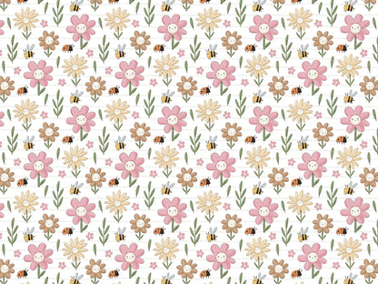 Leichter Sommer Jersey Stoff mit bunten Blumen und Bienen auf weißem Hintergrund.