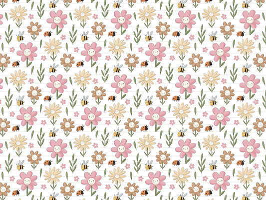 Leichter Sommer Jersey Stoff mit bunten Blumen und Bienen auf weißem Hintergrund.