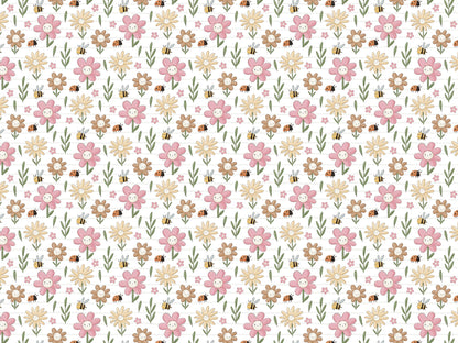 Leichter Sommer Jersey Stoff mit bunten Blumenmuster in rosa, braun und grün auf weißem Hintergrund.