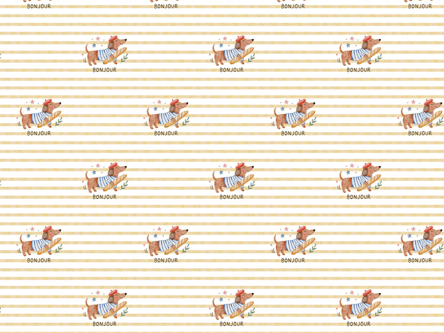 Muster des Jersey Stoff - Bonjour Dackel, leicht und ideal für den Sommer, mit fröhlichen Dackel-Illustrationen.