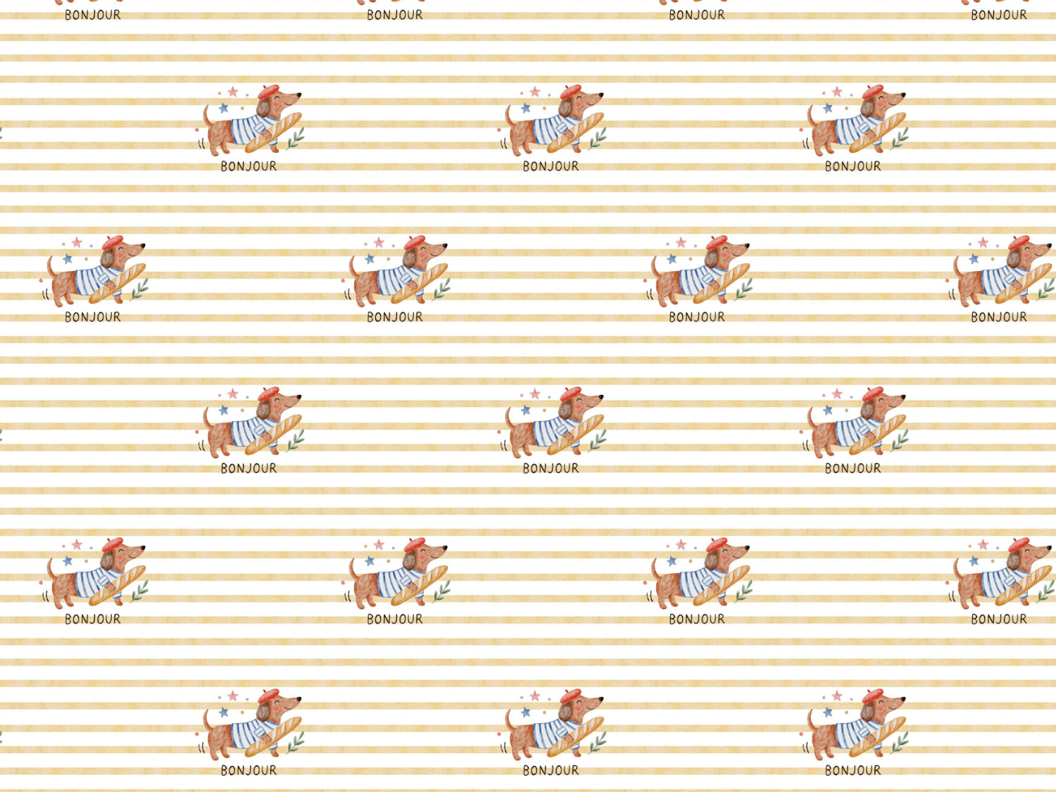 Muster des Jersey Stoff - Bonjour Dackel, leicht und ideal für den Sommer, mit fröhlichen Dackel-Illustrationen.