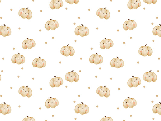Jersey Stoff - Kleiner Kürbis & Tupfen mit cute Kürbissen und Tupfen auf weißem Hintergrund.