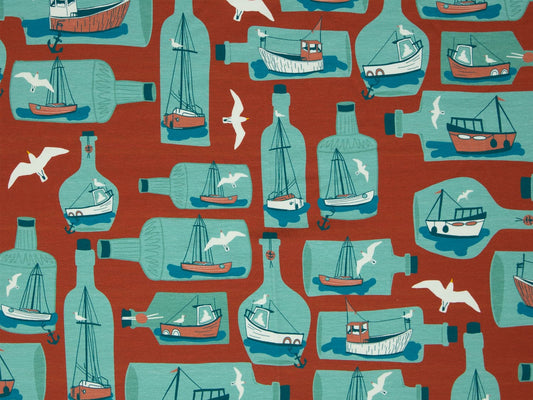 stoff-jersey-baumwolle-baumwolljersey-swafing-bienvenido-colorido-los-marineros-flaschenpost-orangerot