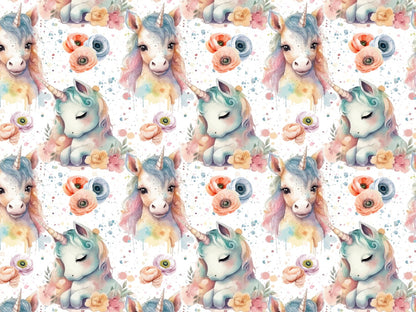 stoff-jersey-baumwolle-baumwolljersey-watercolor-unicorn-aquarell-einhorn-sprenkel-blumen-bunt-pastell