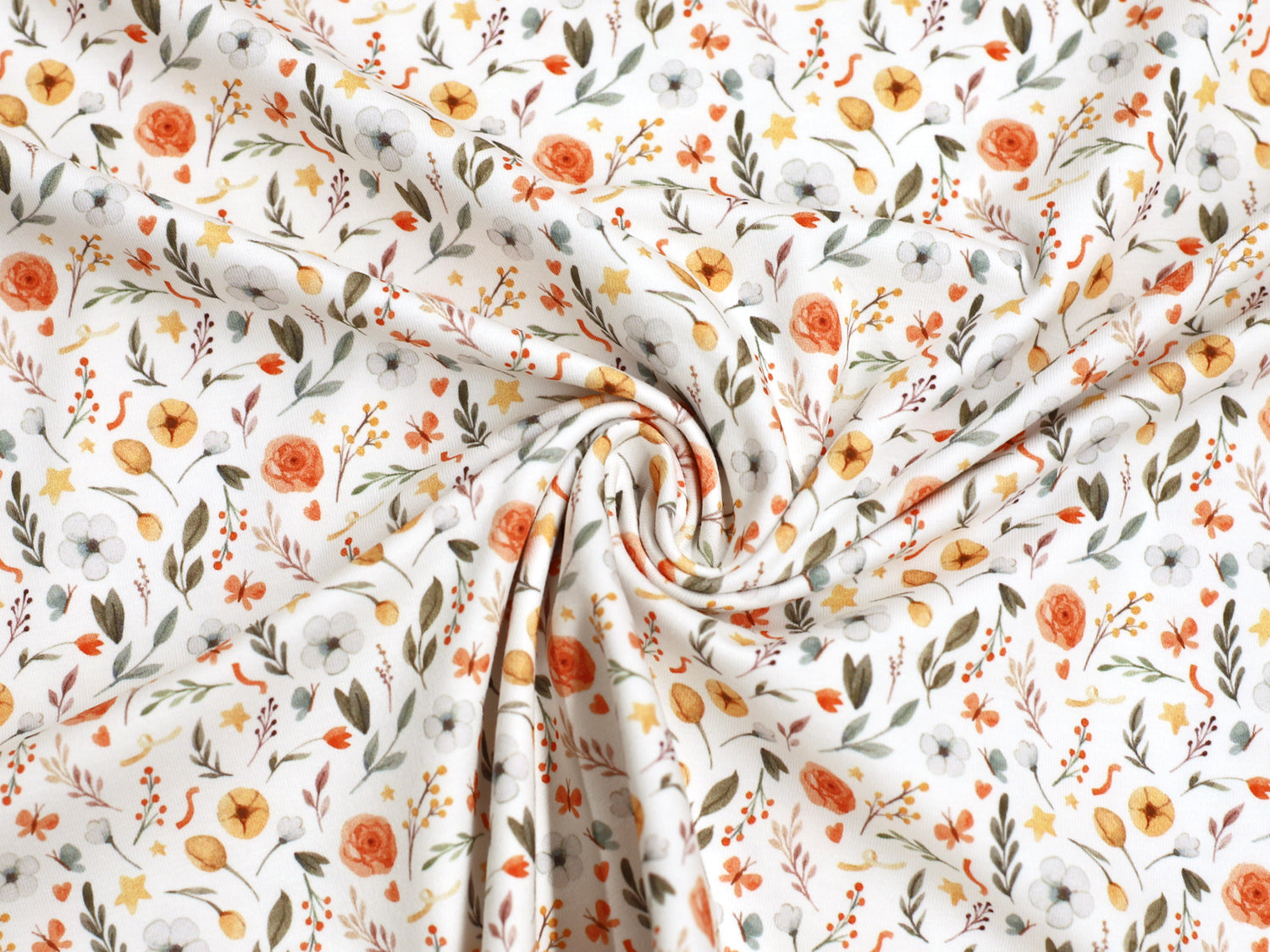 Jersey Stoff Blumenmuster mit bunten Blumen und Blättern auf weißem Hintergrund, ideal für kreative Nähprojekte.