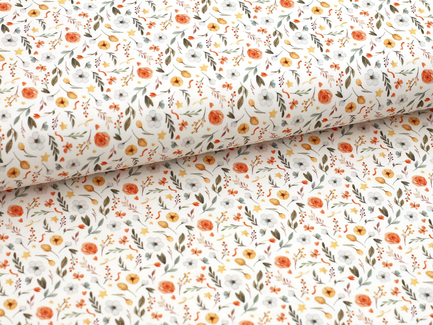 Jersey Stoff Blumenmuster - schöner Baumwolljersey mit floralen Motiven und bunten Blüten auf hellem Hintergrund.