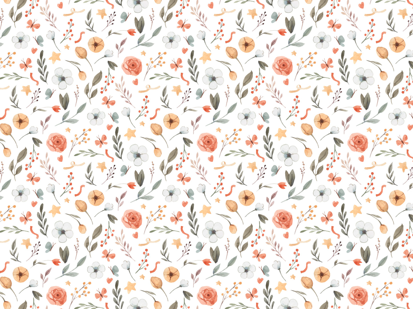 Jersey Stoff Blumenmuster mit bunten Blumen, Blättern und dekorativen Elementen in sanften Farben.