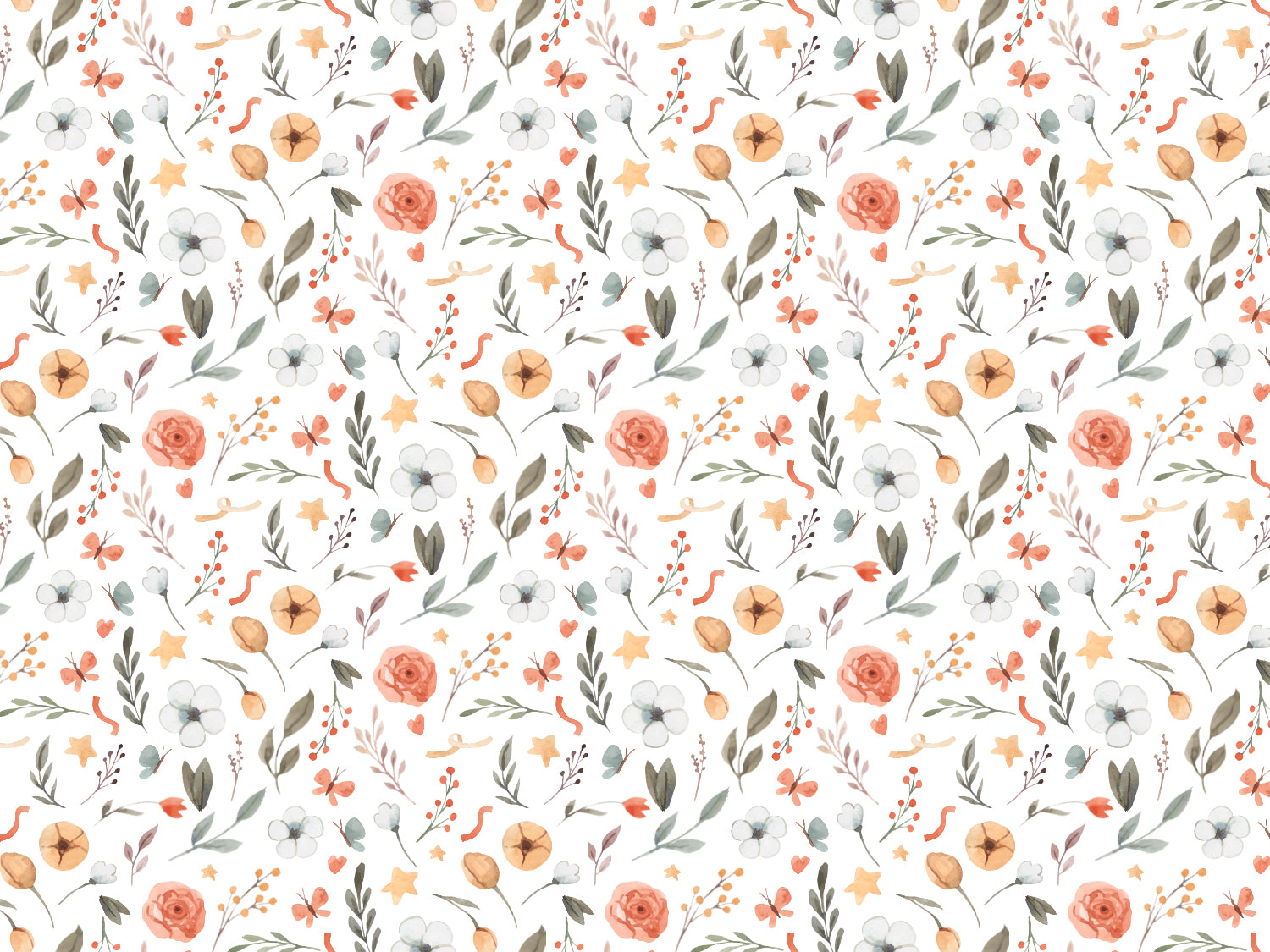 Jersey Stoff Blumenmuster mit bunten Blumen, Blättern und dekorativen Elementen in sanften Farben.
