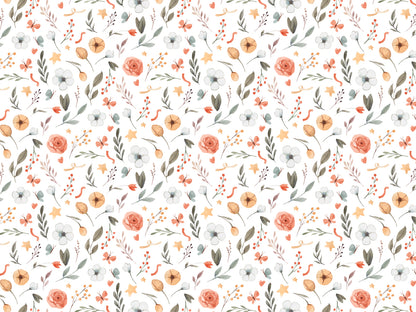 Jersey Stoff Blumenmuster mit bunten Blumen, Blättern und dekorativen Elementen in sanften Farben.
